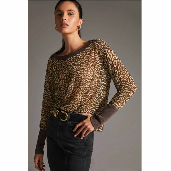 Pilcro Anthropologie Boxy Heritage Pullover Blouse Top Leopard Printed L 277940 - Picture 1 of 8